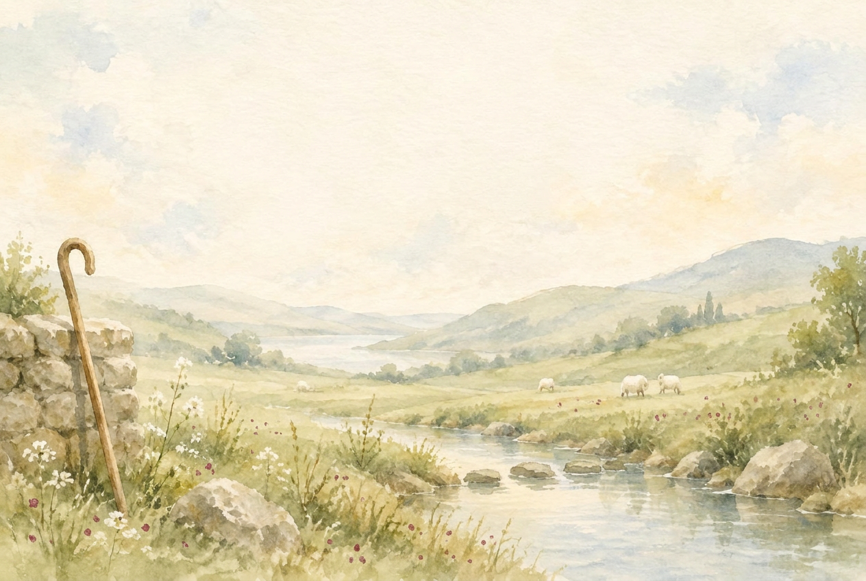 A quiet watercolor pasture with a gentle stream, grazing sheep, and a shepherd's staff